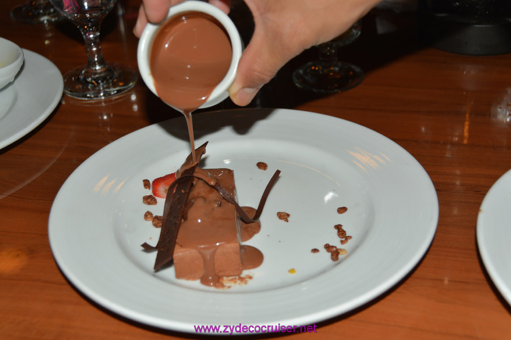 410: Carnival Imagination, Catalina, MDR Dinner, Malted Chocolate Mousse Hazelnut Cake, adding chocolate sauce, 