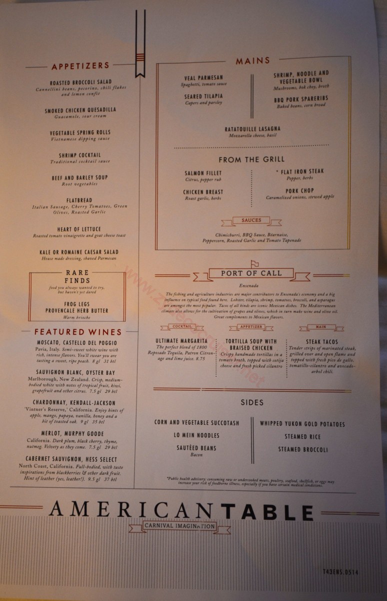 031: Carnival Imagination, 4 Day Cruise, American Table Dinner Menu 3 - Ensenada