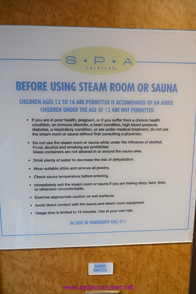 056: Carnival Inspiration 4 Day Cruise, Long Beach, Embarkation, Spa Carnival, Steam Room, Sauna Rules, 