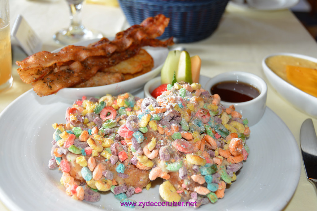 022: Carnival Cruise Seaday Brunch, Fruit Loops French Toast, with a side of jerk bacon, hash browns, sausage