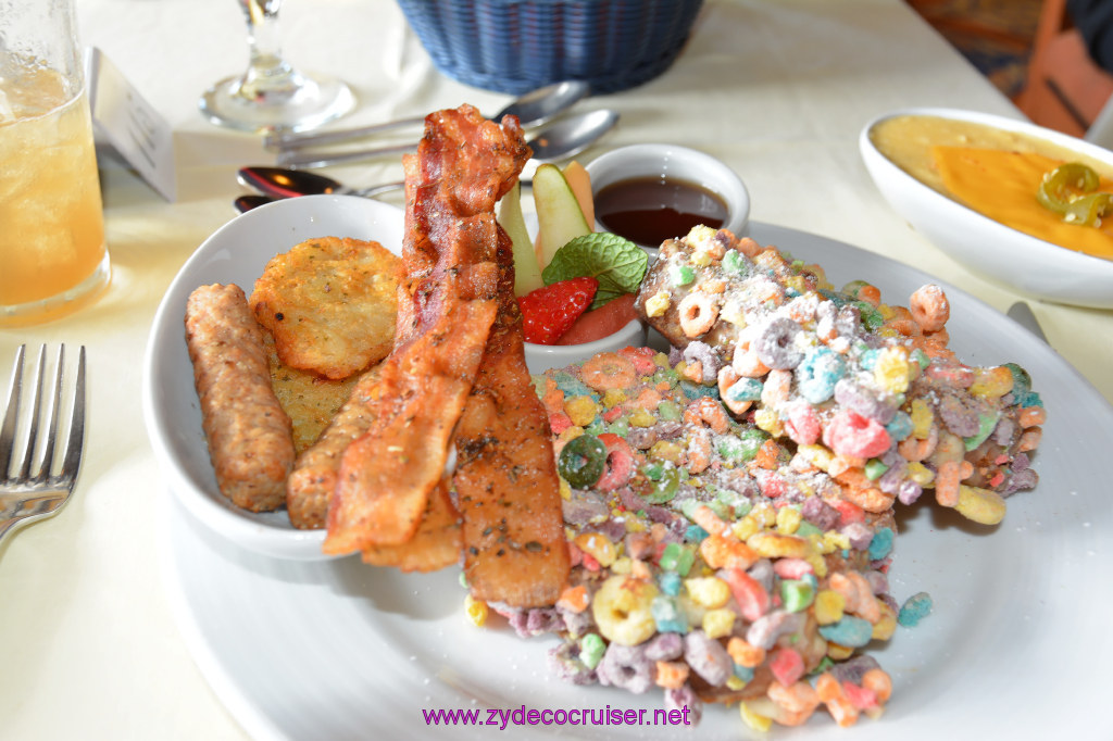 023: Carnival Cruise Seaday Brunch, Fruit Loops French Toast, with a side of jerk bacon, hash browns, sausage