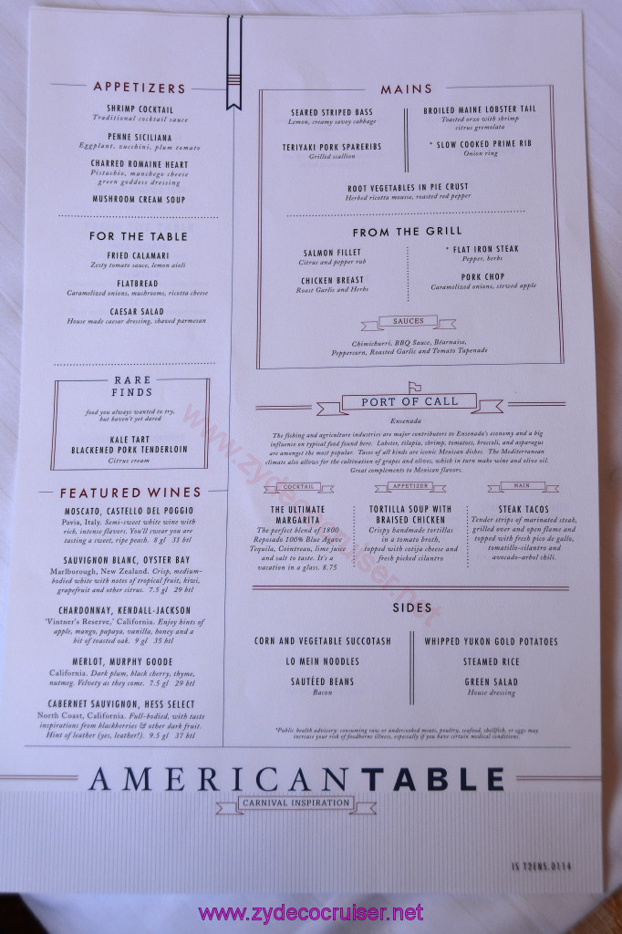 010: Carnival Inspiration 3 Day Cruise, Fun Day at Sea 1, American Table Menu, Ensenada (when on a 3 Day cruise)