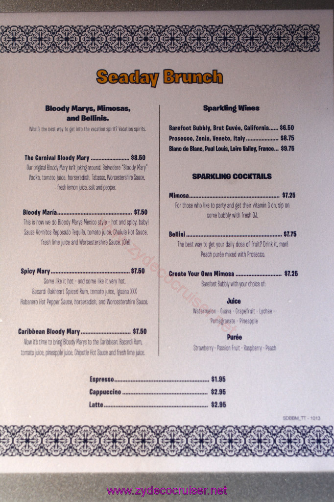 012: Carnival Inspiration 3 Day Cruise, Fun Day at Sea 1, Seaday Brunch Drink Menu, 