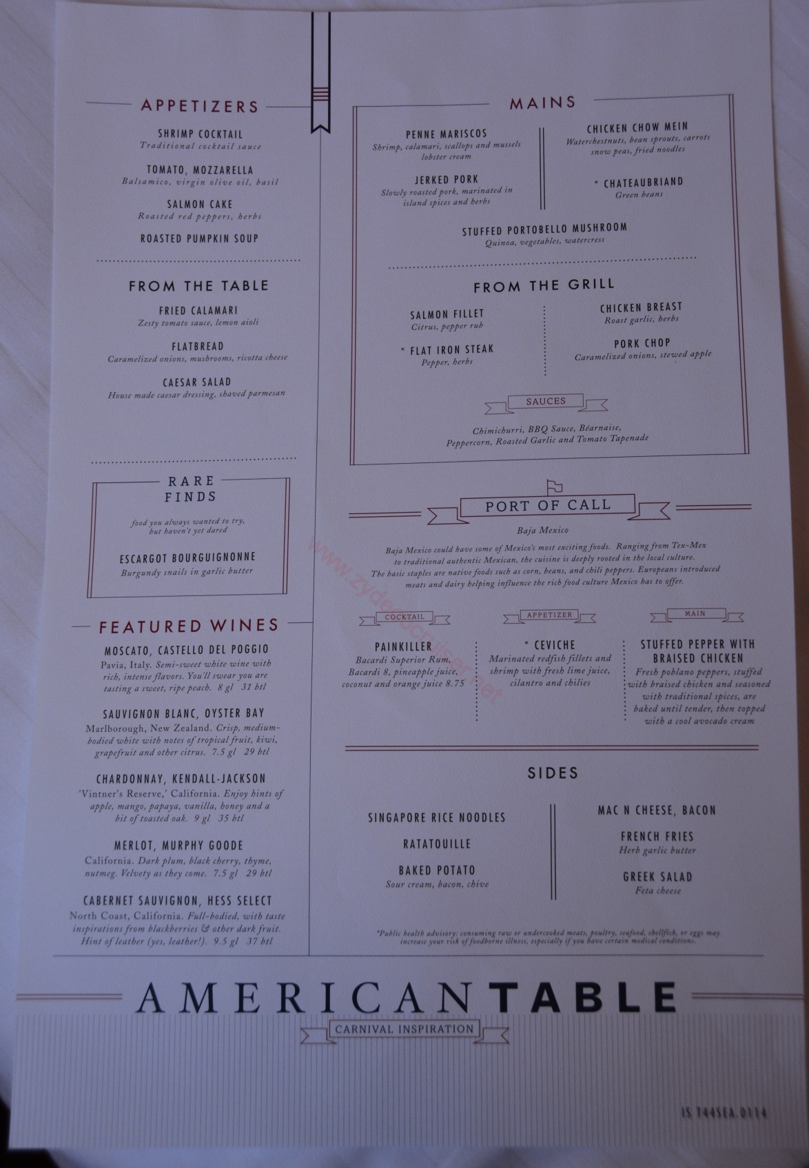 Carnival Inspiration, 3 Day American Table Menus, Day 3, Fun Day at Sea