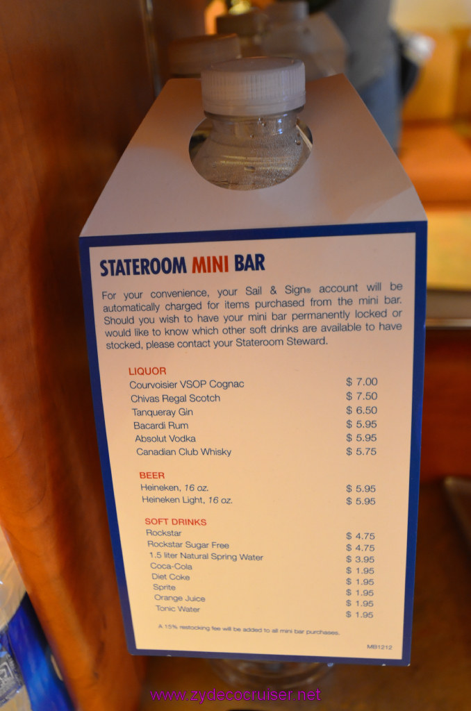 016: Carnival Legend British Isles Cruise, Dover, Embarkation, Stateroom Mini Bar Menu, 