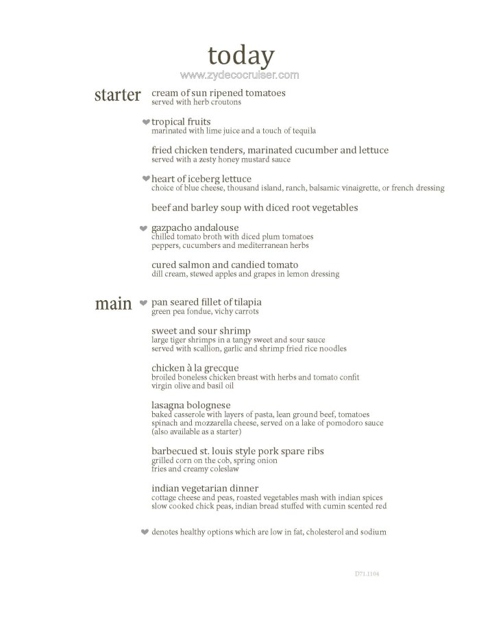 M001: Carnival Magic 12 Day Main Dining Room Dinner Menus, Day 1