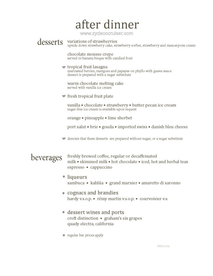 Main Dining Room Dinner Menus, Dessert 