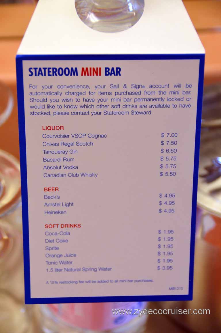 061: Carnival Magic Inaugural Cruise, Grand Mediterranean, Venice, Cove Balcony Stateroom, Stateroom Mini Bar Menu