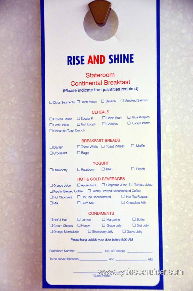 088: Carnival Magic Inaugural Cruise, Grand Mediterranean, Venice, Stateroom Continental Breakfast Door Hanger Card Menu