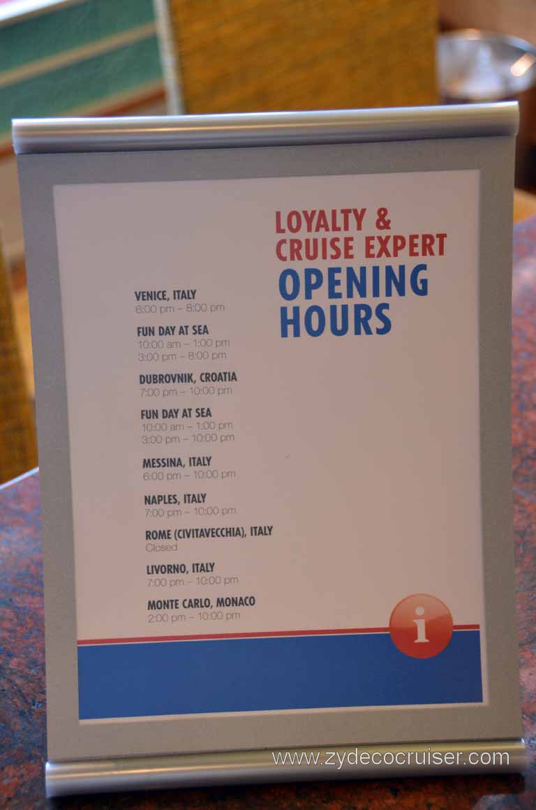 213: Carnival Magic Inaugural Cruise, Grand Mediterranean, Venice, Loyalty and Cruise Expert Desk hours