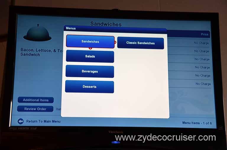 196: Carnival Magic Inaugural Cruise, Sea Day 1, TV Room Service Menu, 