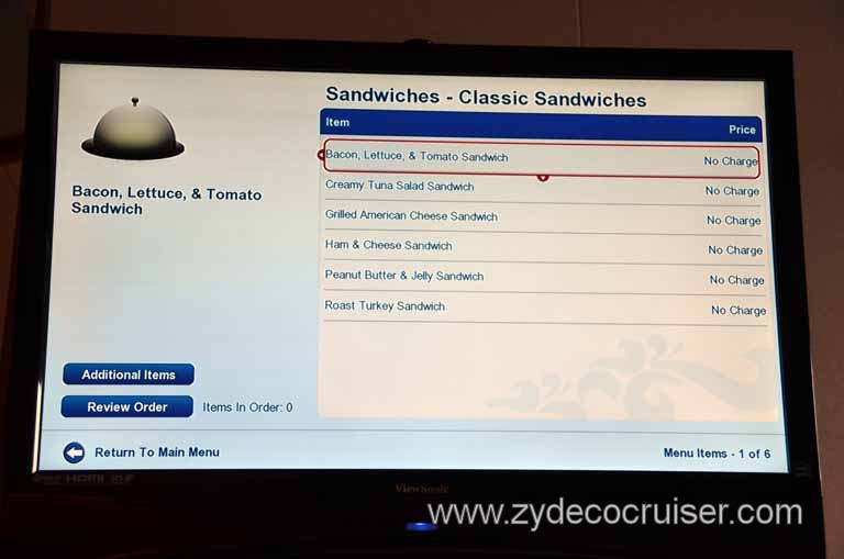 197: Carnival Magic Inaugural Cruise, Sea Day 1, TV Room Service Menu, 