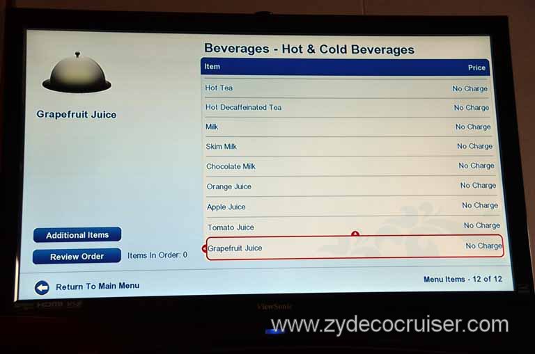 202: Carnival Magic Inaugural Cruise, Sea Day 1, TV Room Service Menu, 