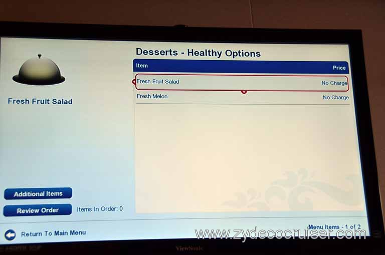 203: Carnival Magic Inaugural Cruise, Sea Day 1, TV Room Service Menu, 