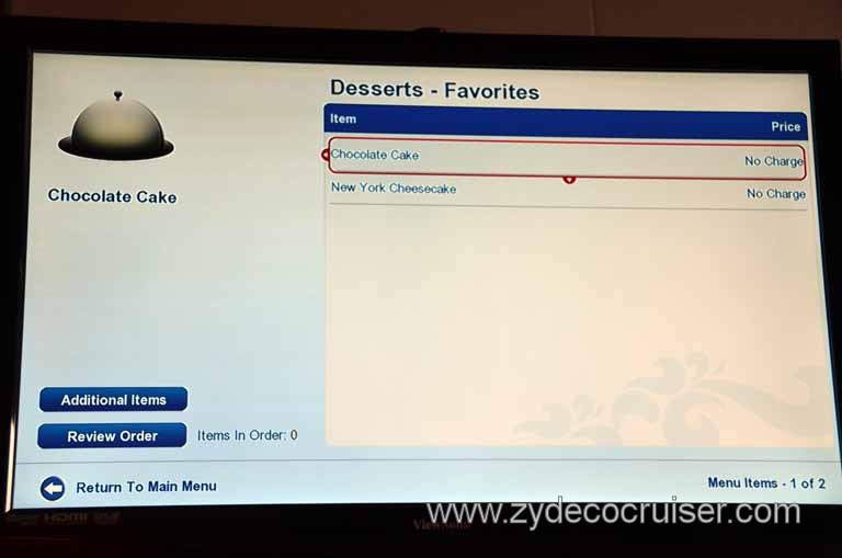 204: Carnival Magic Inaugural Cruise, Sea Day 1, TV Room Service Menu, 