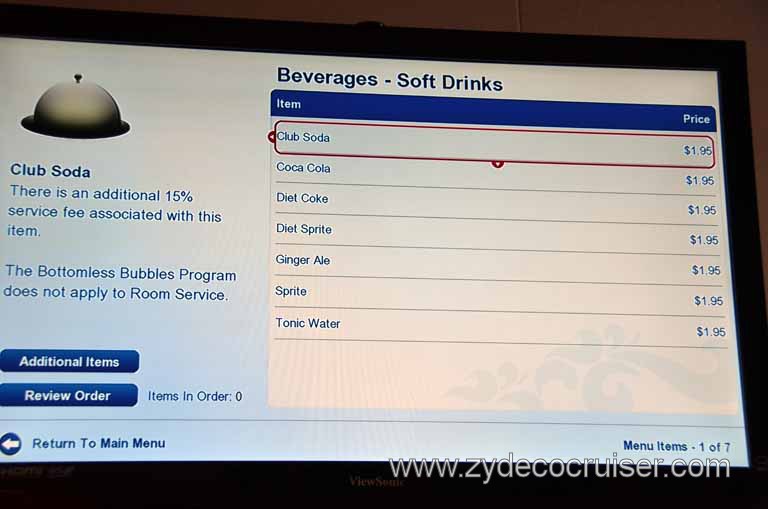 205: Carnival Magic Inaugural Cruise, Sea Day 1, TV Room Service Menu, 