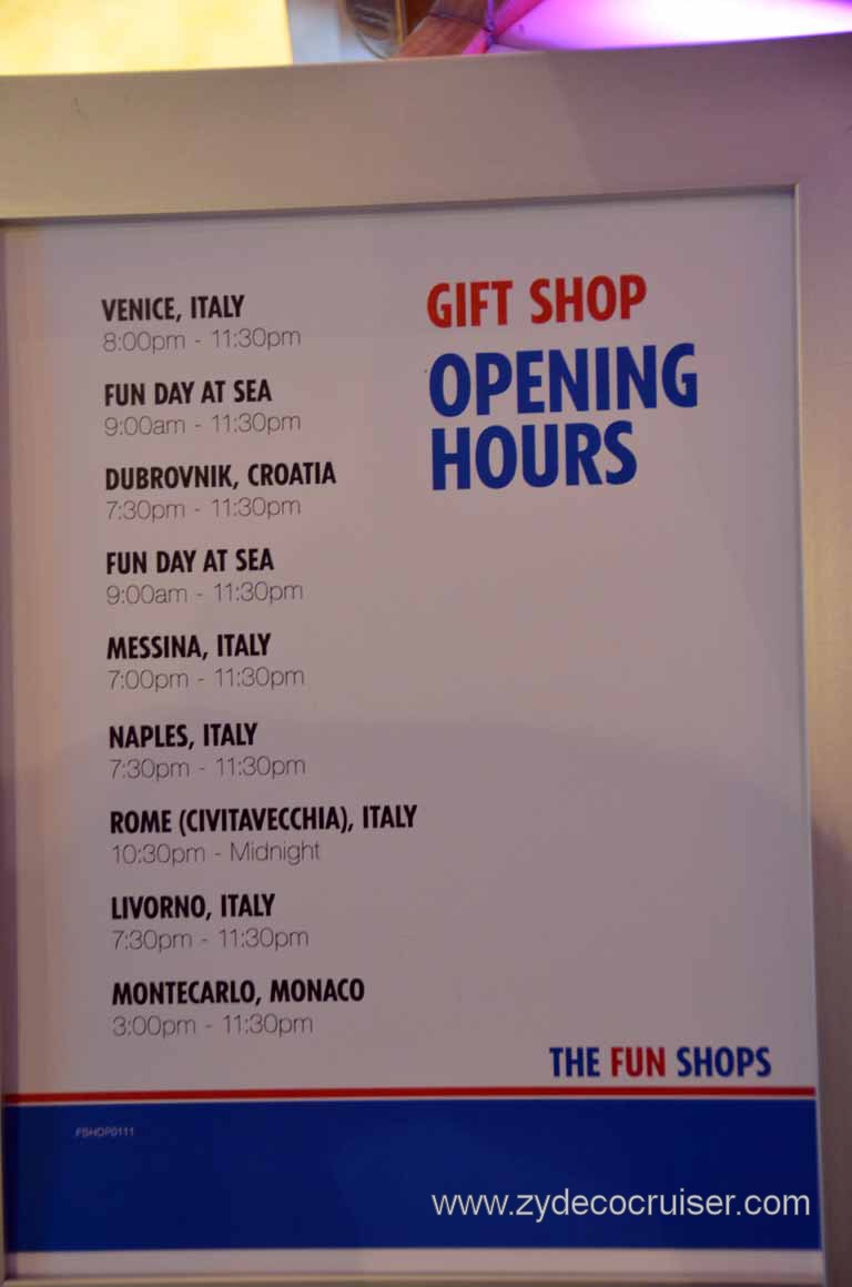 071: Carnival Magic, Inaugural Cruise, Sea Day 2, Fun Shop hours