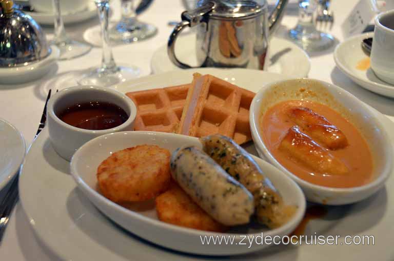 039: Carnival Magic, Mediterranean Cruise, Sea Day 1, Main Dining Room Breakfast, Waffle, Stewed Bananas, Chicken Sausage (pretty good), and Hash Browns.