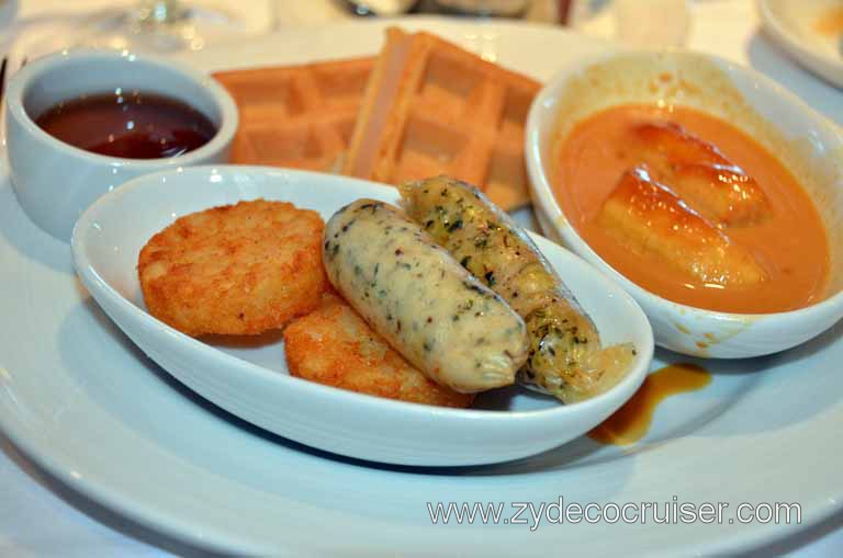 040: Carnival Magic, Mediterranean Cruise, Sea Day 1, Main Dining Room Breakfast, Waffle, Stewed Bananas, Chicken Sausage (pretty good), and Hash Browns.