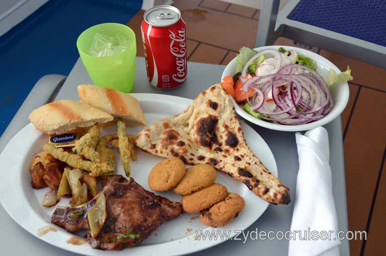 132: Carnival Magic, Mediterranean Cruise, Sea Day 1, An assortment for lunch - the pork chop was really good. On cove Balcony.