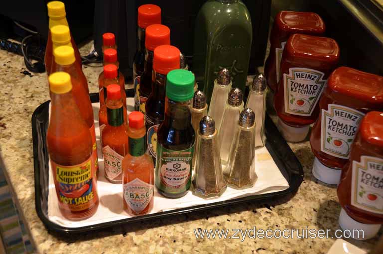 018: Carnival Magic, Mediterranean Cruise, Sea Day 3, Condiments at Plaza Bites