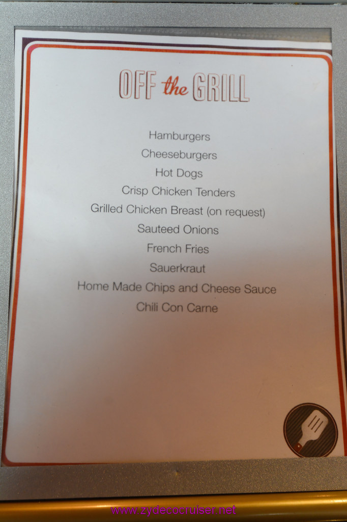 121: Carnival Miracle Alaska Cruise, Seattle, Embarkation, Off the Grill Menu, 