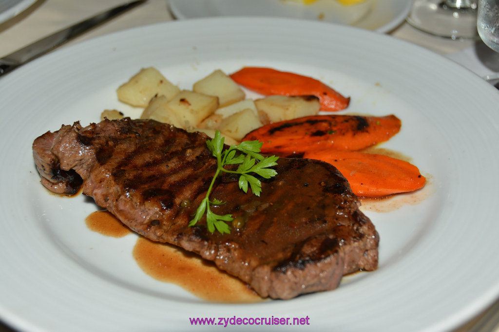 684: Carnival Miracle Alaska Cruise, Juneau, MDR Dinner, Grilled New York Strip Steak from Aged American Beef