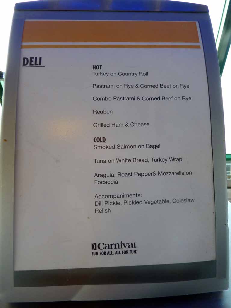 149: Carnival Sensation, Port Canaveral - Deli Menu