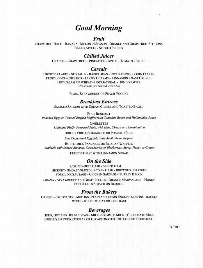 813a: Carnival Sensation Main Dining Room Breakfast Menu