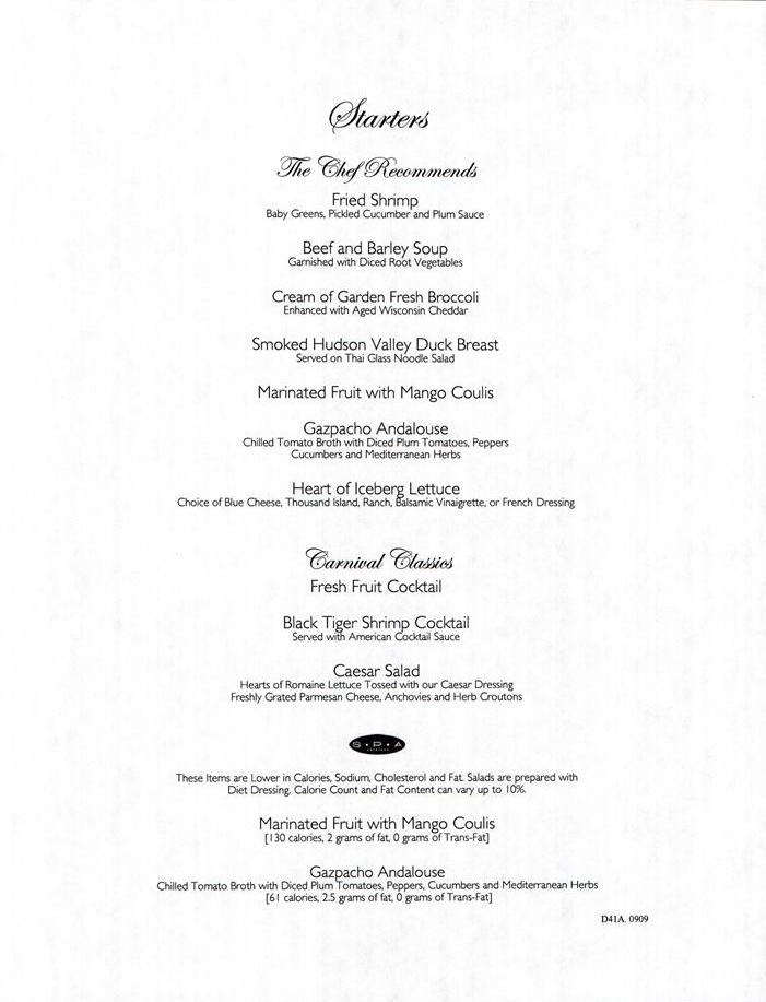 814: Carnival Sensation Dinner  Menu Day 1 Page 1