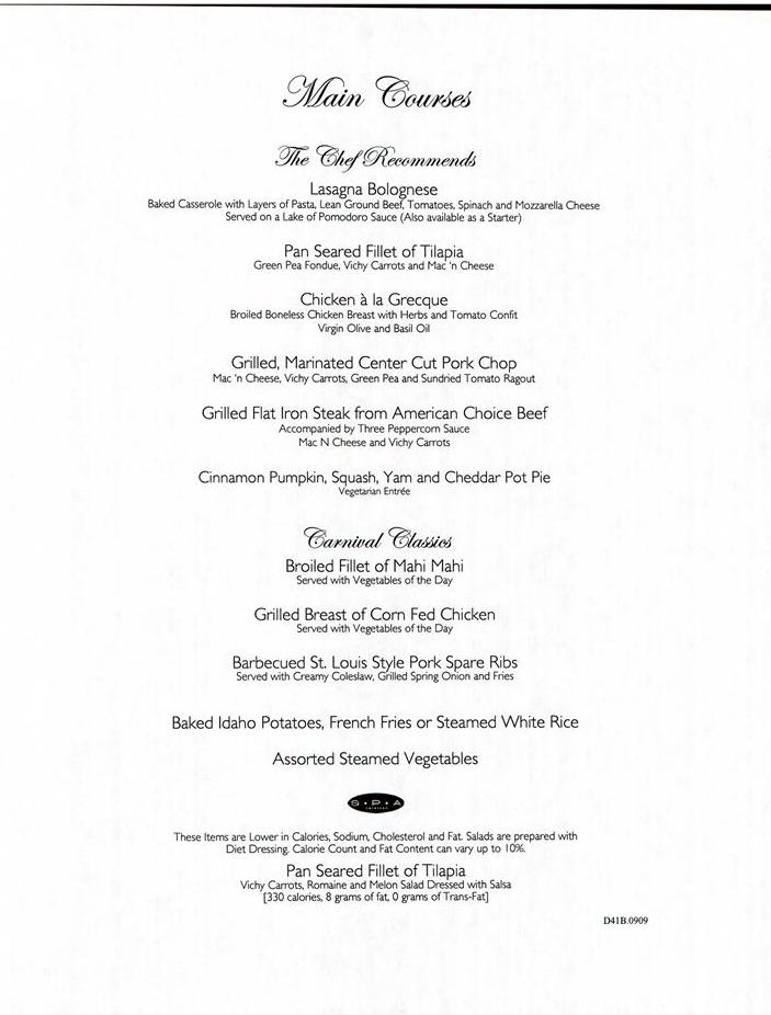 815: Carnival Sensation Dinner  Menu Day 1 Page 2