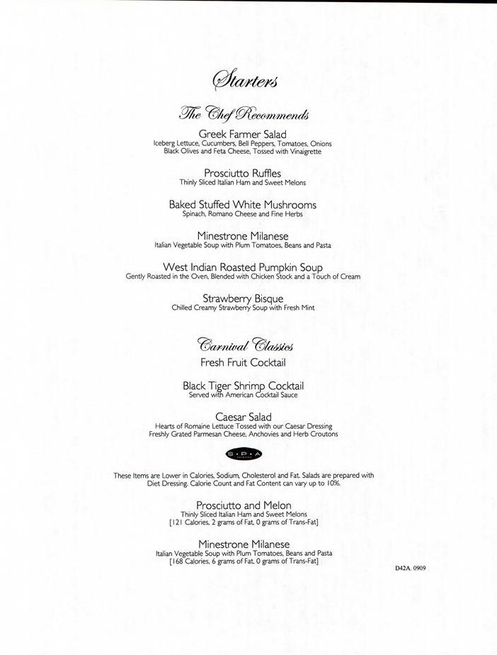 825: Carnival Sensation Dinner Menu Day 2 Page 1