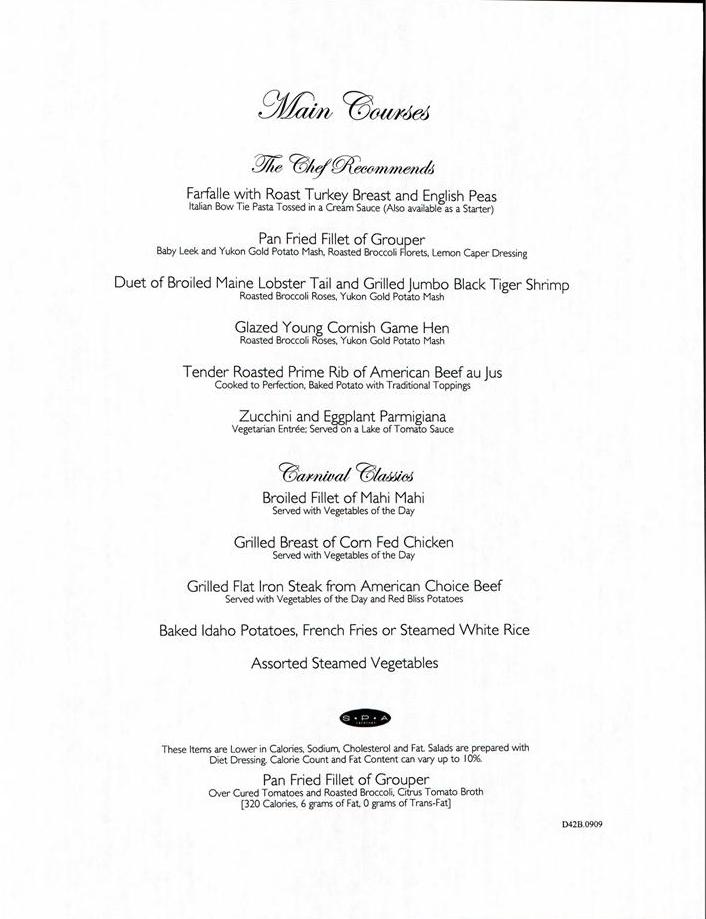 826: Carnival Sensation Dinner Menu Day 2 Page 2