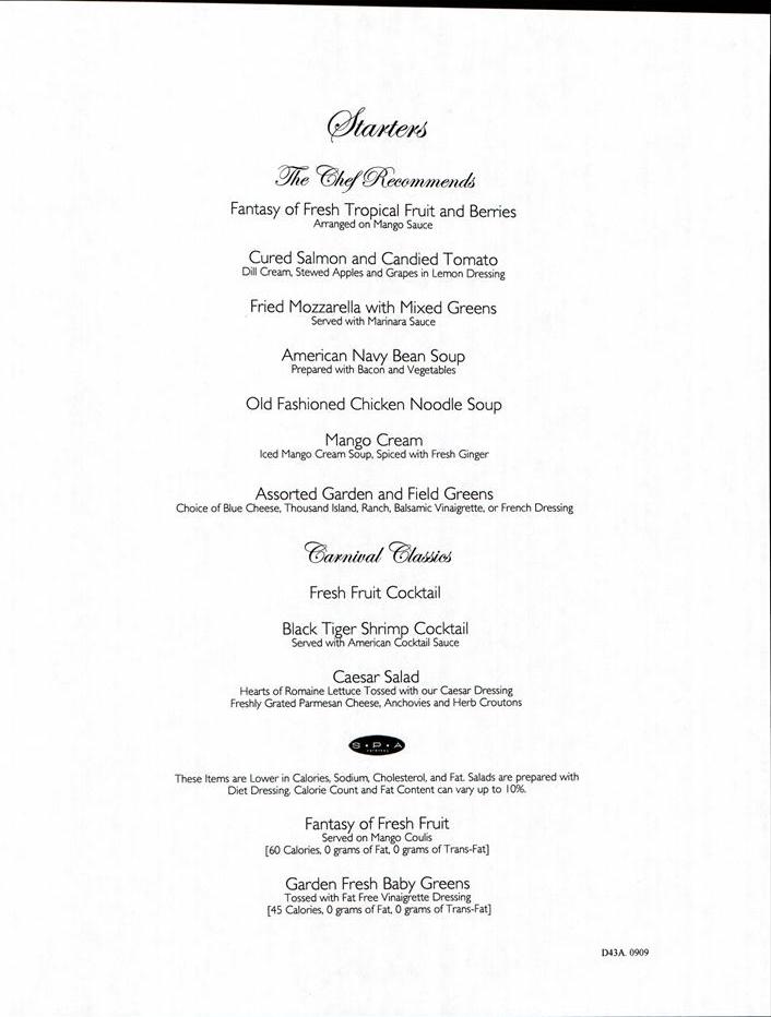 837: Carnival Sensation Dinner Menu Day 3 Page 1