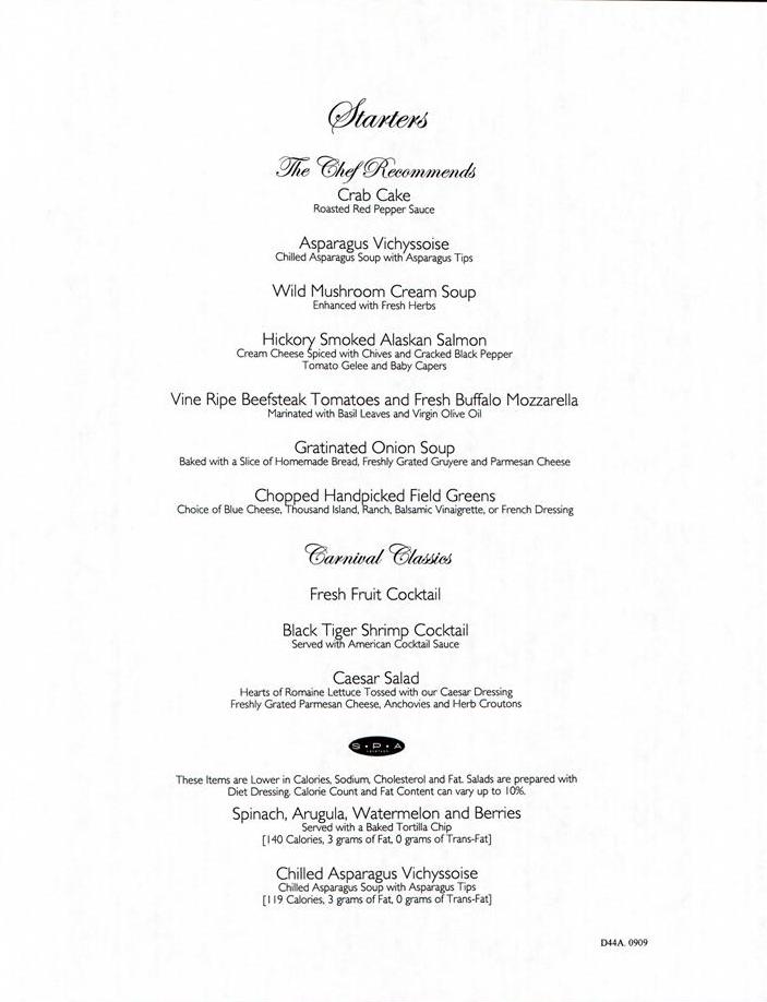 850: Carnival Sensation Dinner Menu Day 4 Page 1