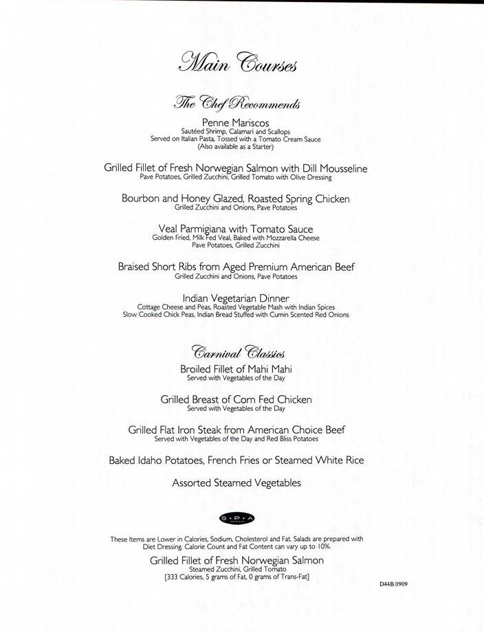 851: Carnival Sensation Dinner Menu Day 4 Page 2