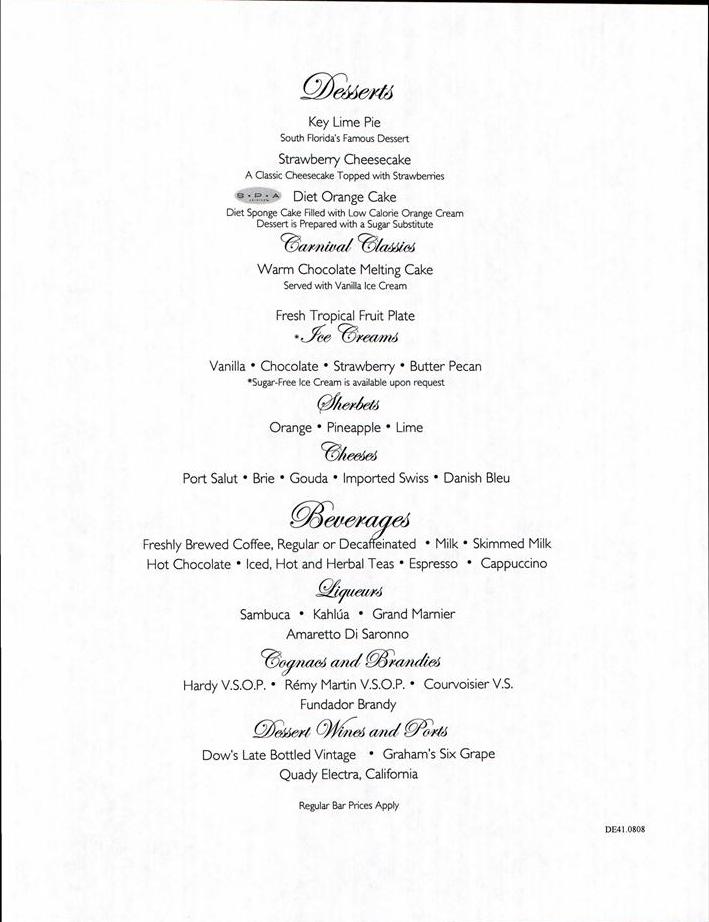 816: Carnival Sensation Dinner Menu Day 1 Desserts