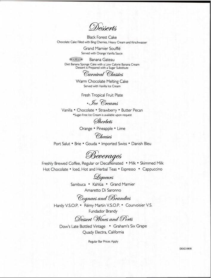 827: Carnival Sensation Dinner Menu Day 2 Desserts