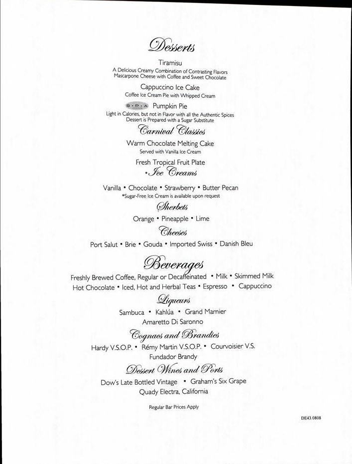 839: Carnival Sensation Dinner Menu Day 3 Desserts