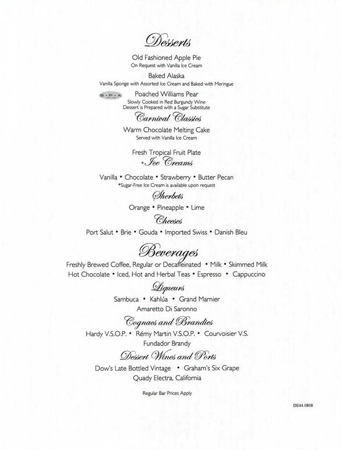 852: Carnival Sensation Dinner Menu Day 4 Desserts