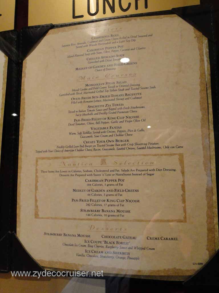 029: Carnival Spirit, Inside Passage, Lunch Menu