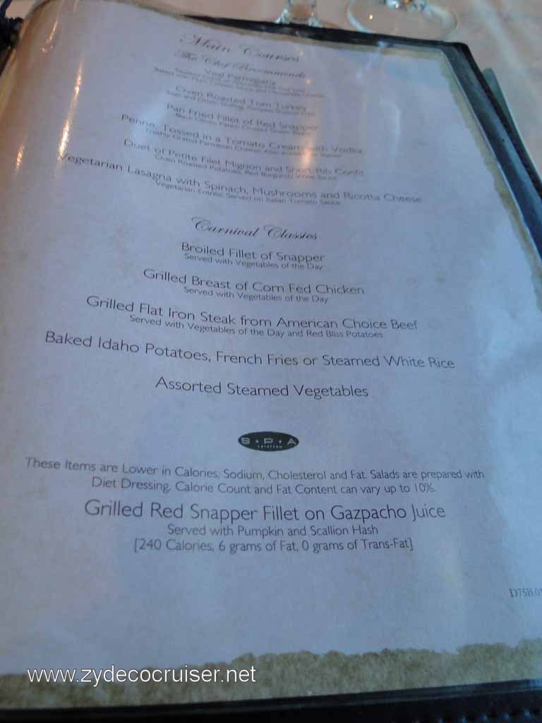 322: Carnival Spirit Dinner Menu