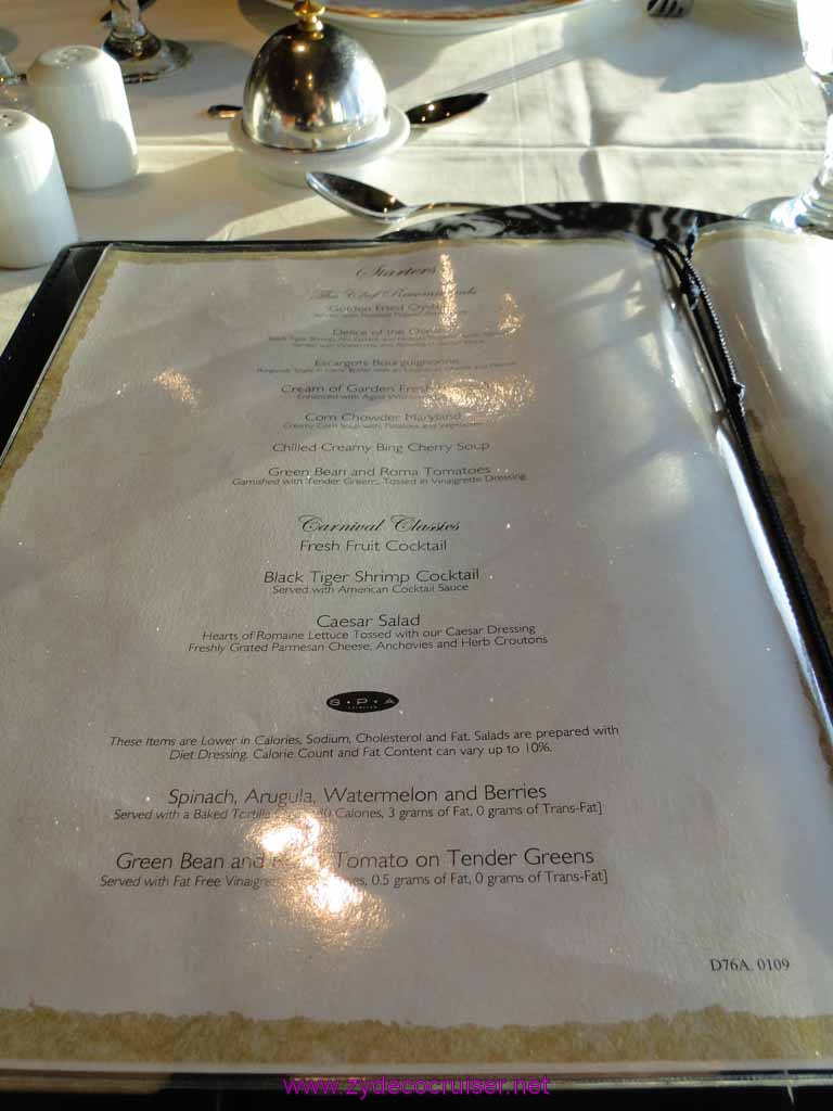 221: Carnival Spirit, Skagway, Alaska - Dinner Menu 1