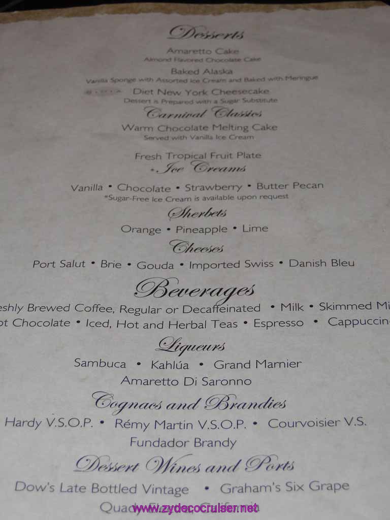 230: Carnival Spirit, Skagway, Alaska - Dessert Menu