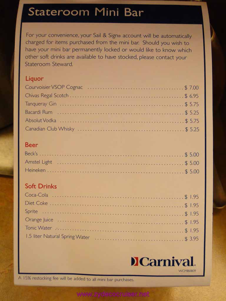 Mini-Bar Menu - Carnival Spirit