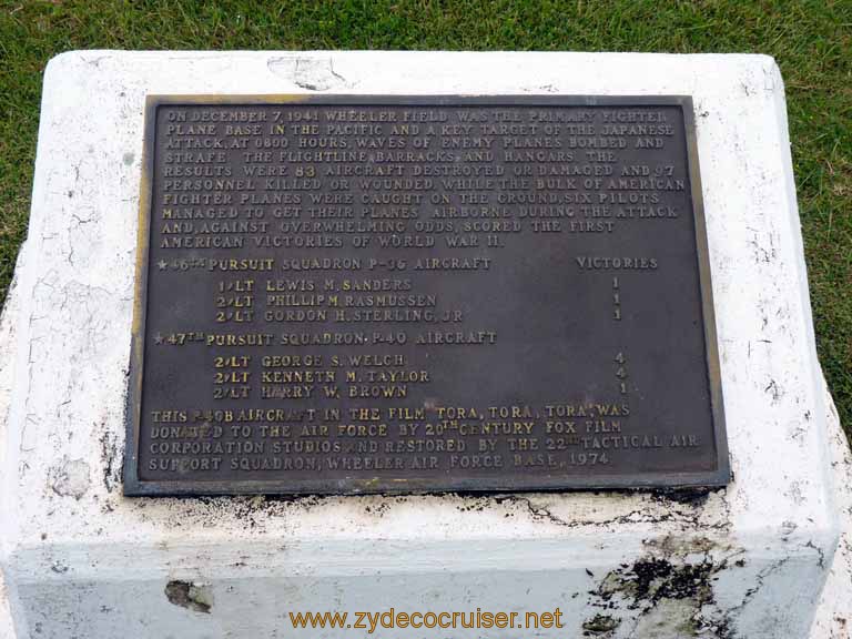 102: Carnival Spirit, Honolulu, Hawaii, Pearl Harbor VIP and Military Bases Tour, Schofield Barracks, Wheeler Army Airfield, Plaque for P-40 plane used in Tora, Tora, Tora