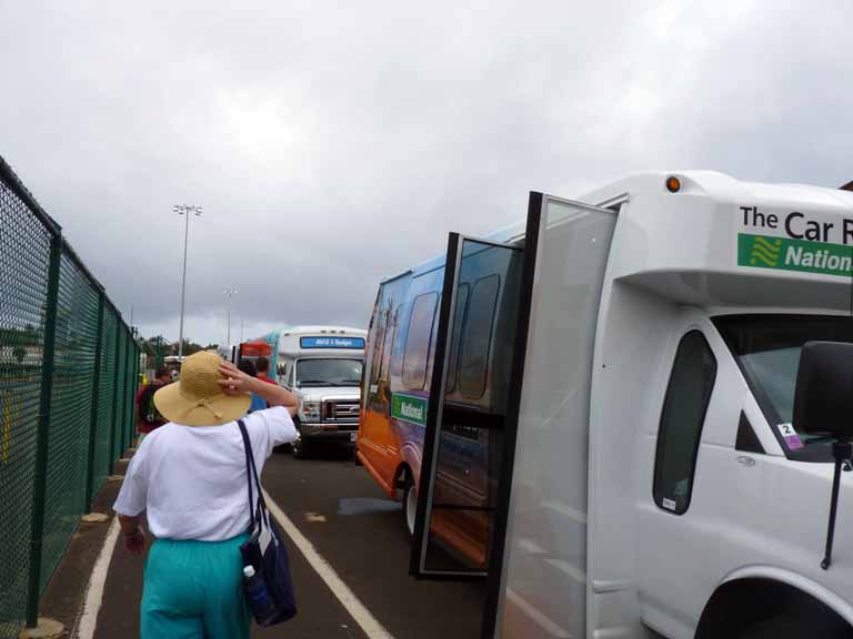 014: Carnival Spirit, Nawiliwili, Kauai, Hawaii, all the car rental shuttles waiting