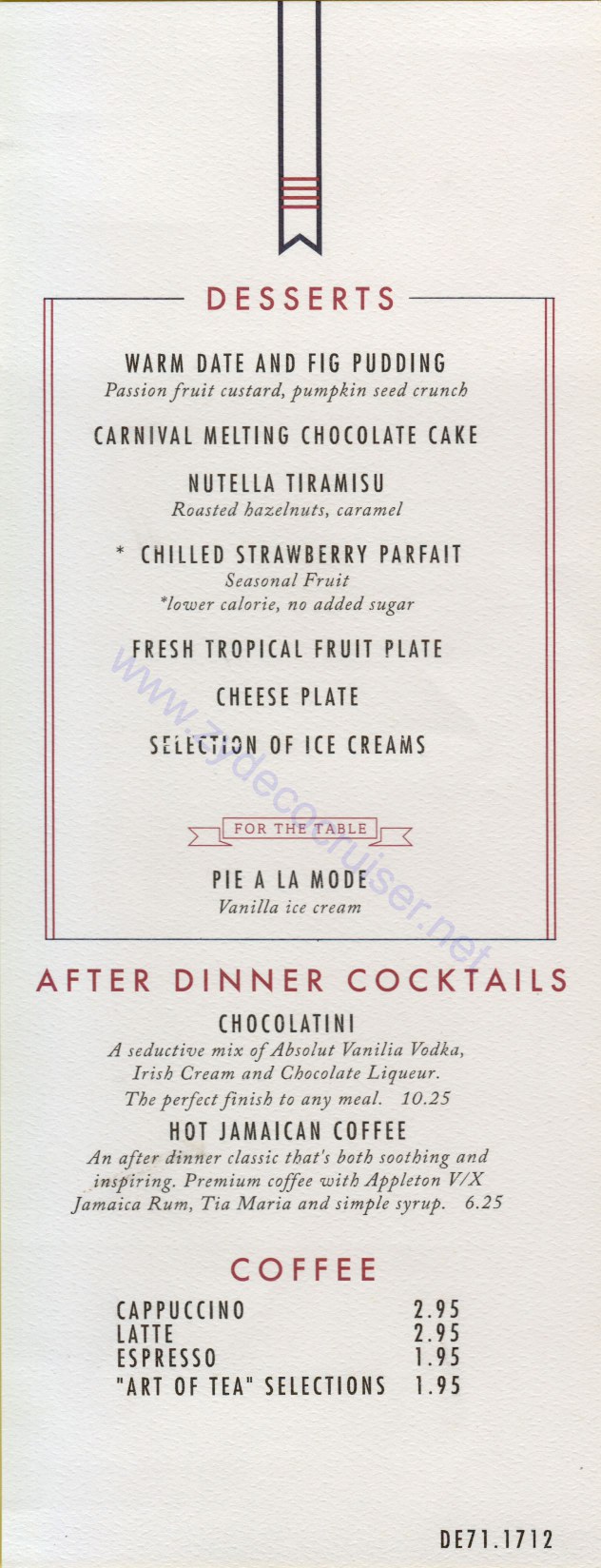 033: Carnival Splendor Panama Canal Journey Cruise, Embarkation, Miami, MDR Dinner, Dessert Menu