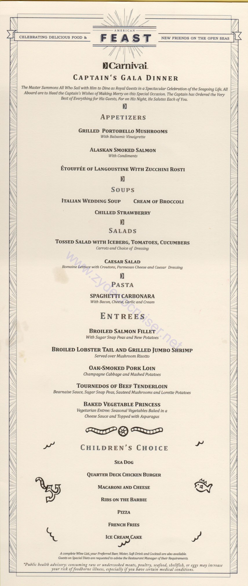 Throwback Sea Day - Captain's Gala Dinner Menu 