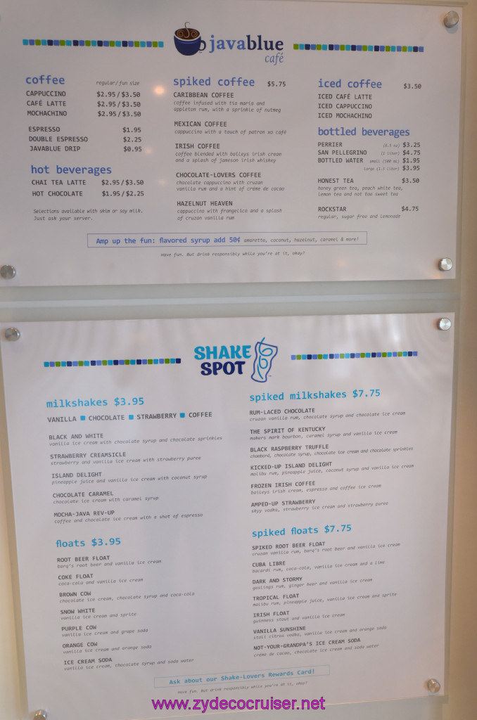 346: Carnival Sunshine Cruise, Naples, Java Blue and Shake Spot Menus, 